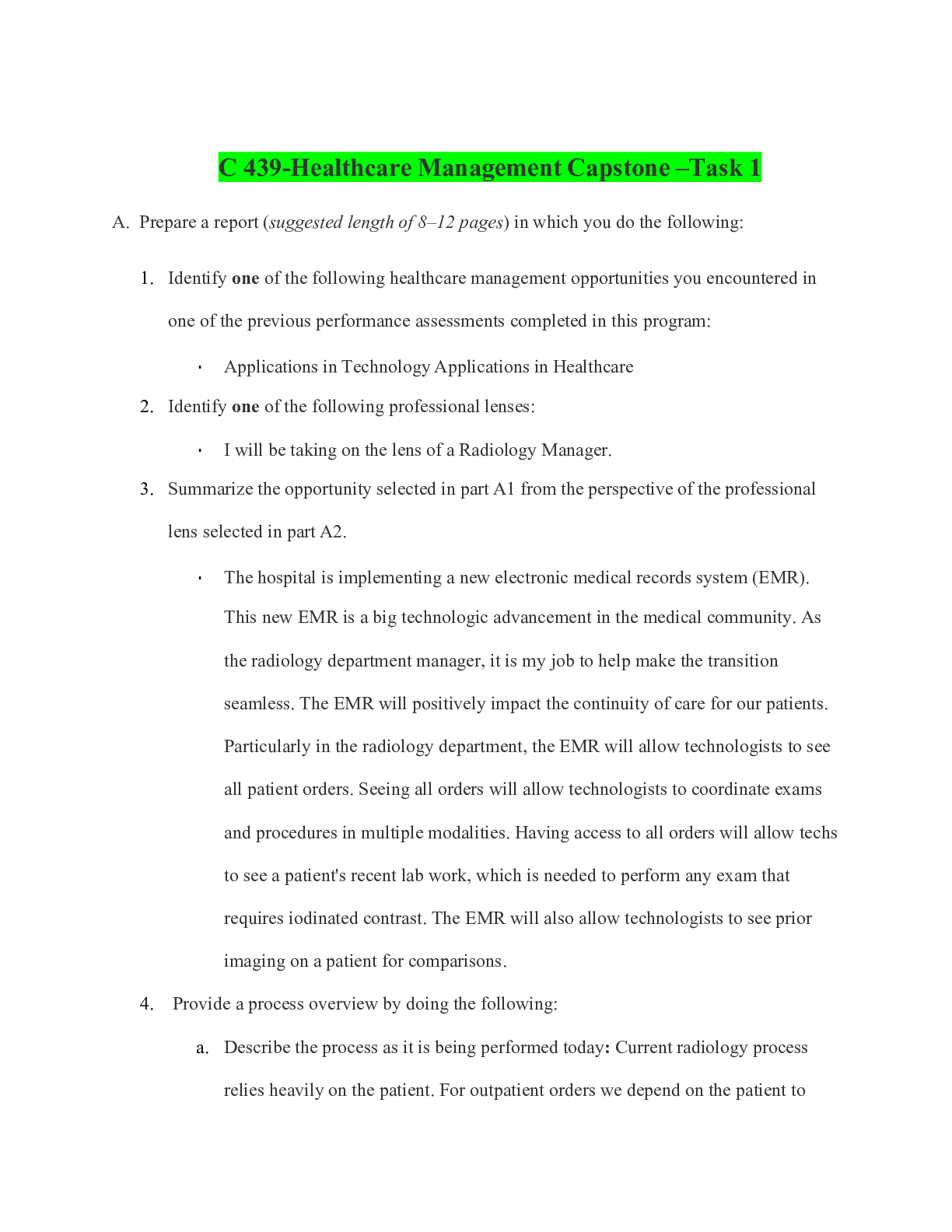 Preview of C 439-Healthcare Management Capstone –Task 1